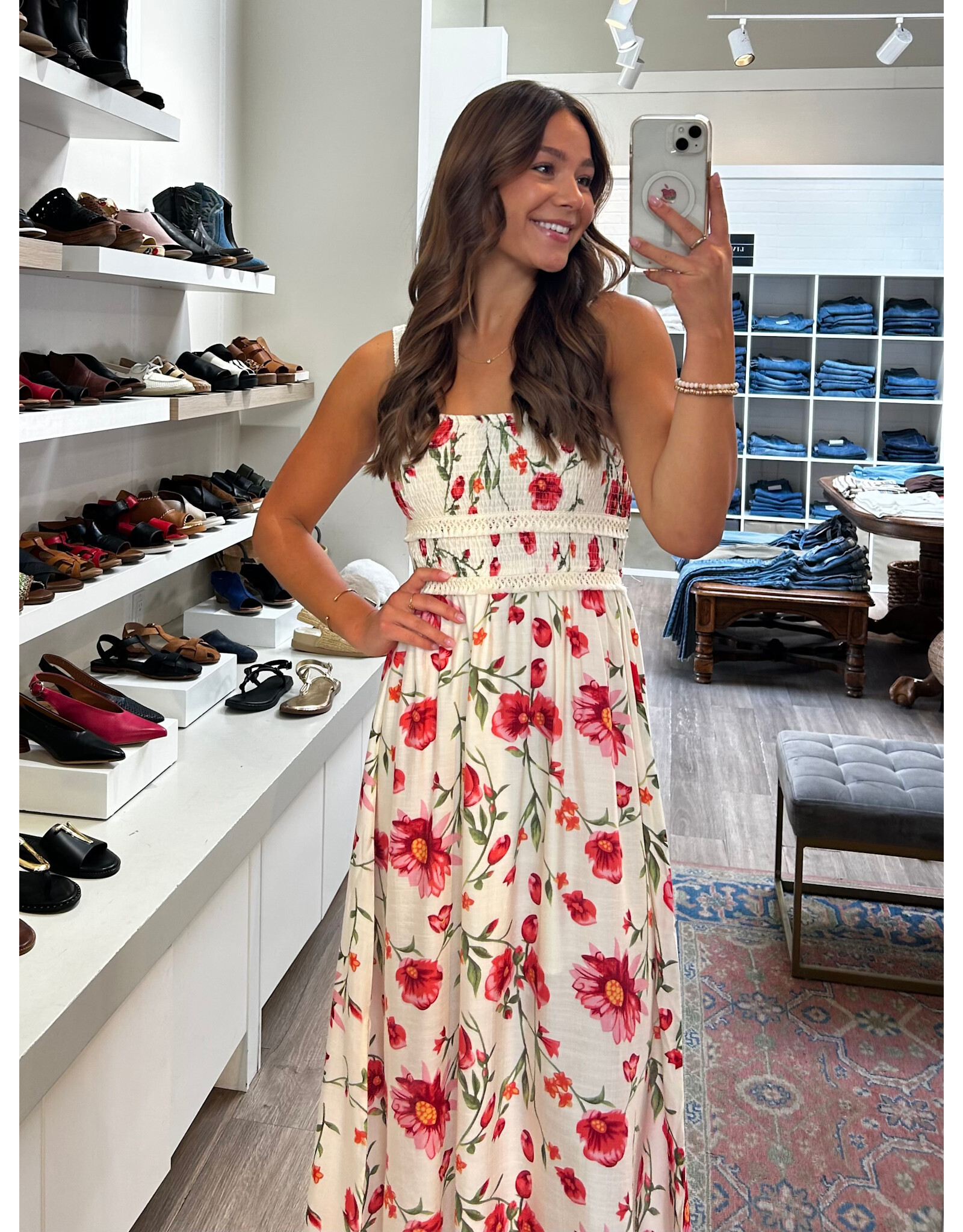 Papillon Papillon - Floral Print Smocked Sleeveless Maxi Dress (Cream)