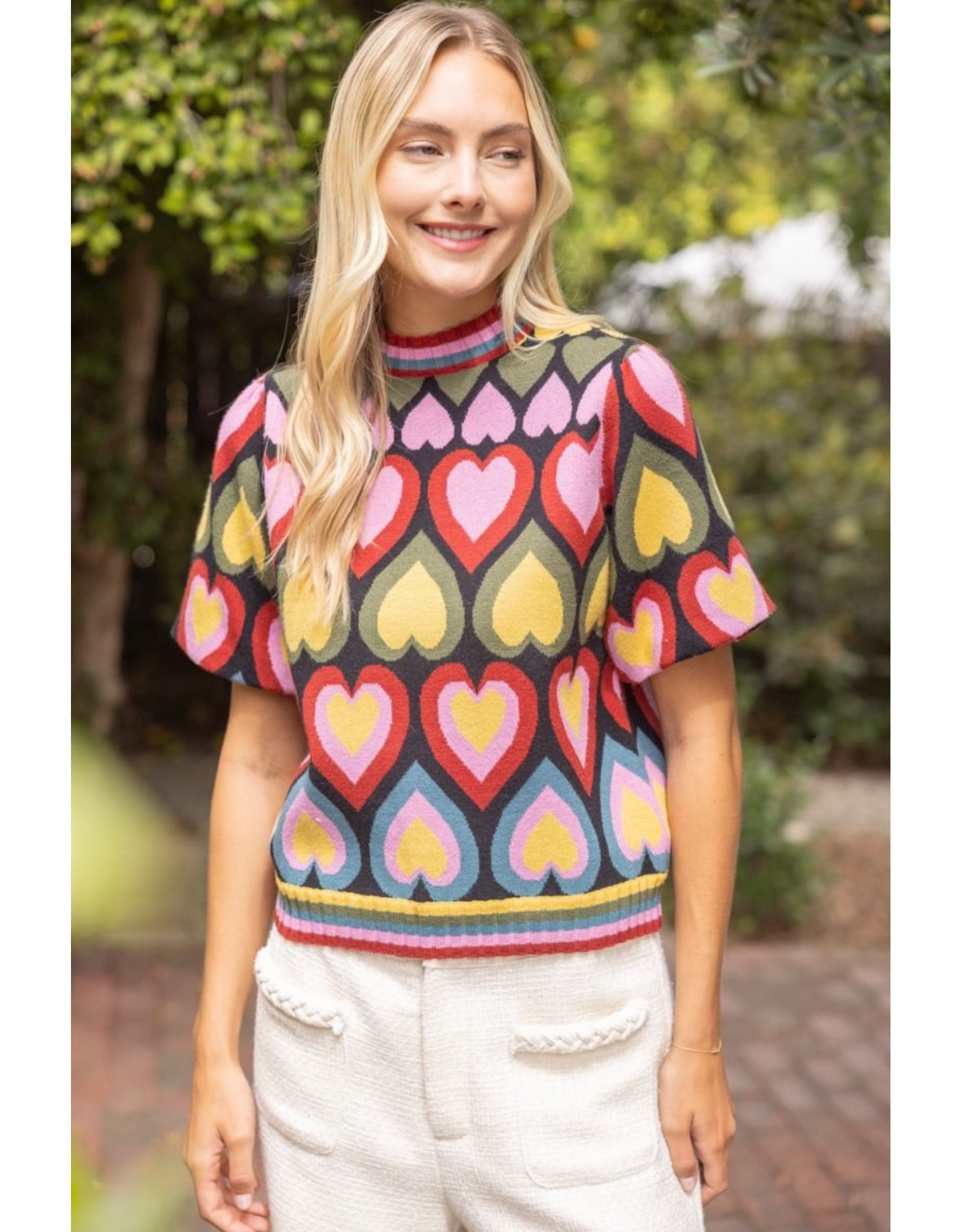 Voy Heart Print Bubble Sleeve Knit Top
