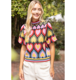 Voy Heart Print Bubble Sleeve Knit Top