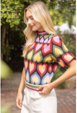 Voy Heart Print Bubble Sleeve Knit Top