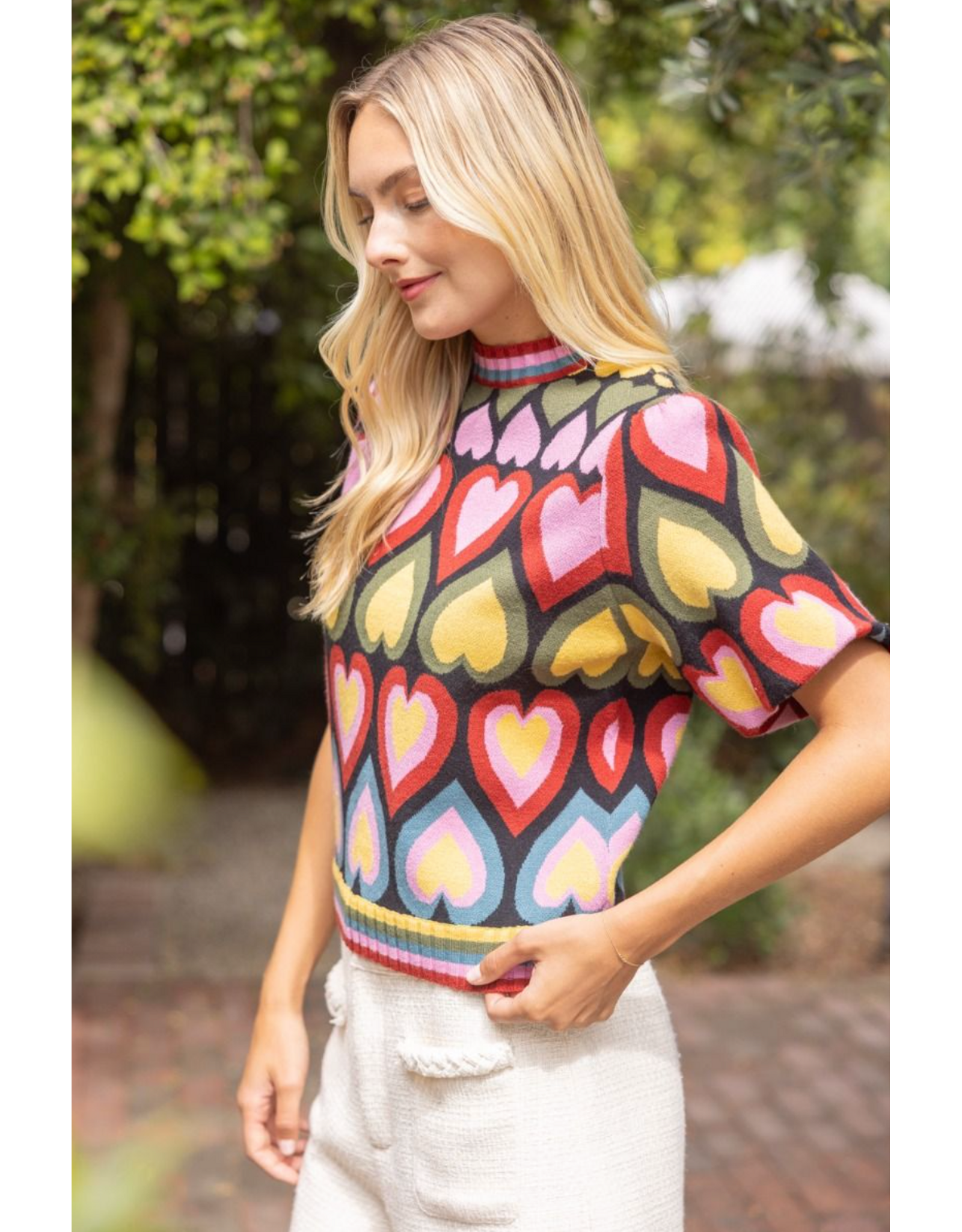 Voy Heart Print Bubble Sleeve Knit Top