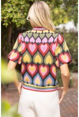 Voy Heart Print Bubble Sleeve Knit Top
