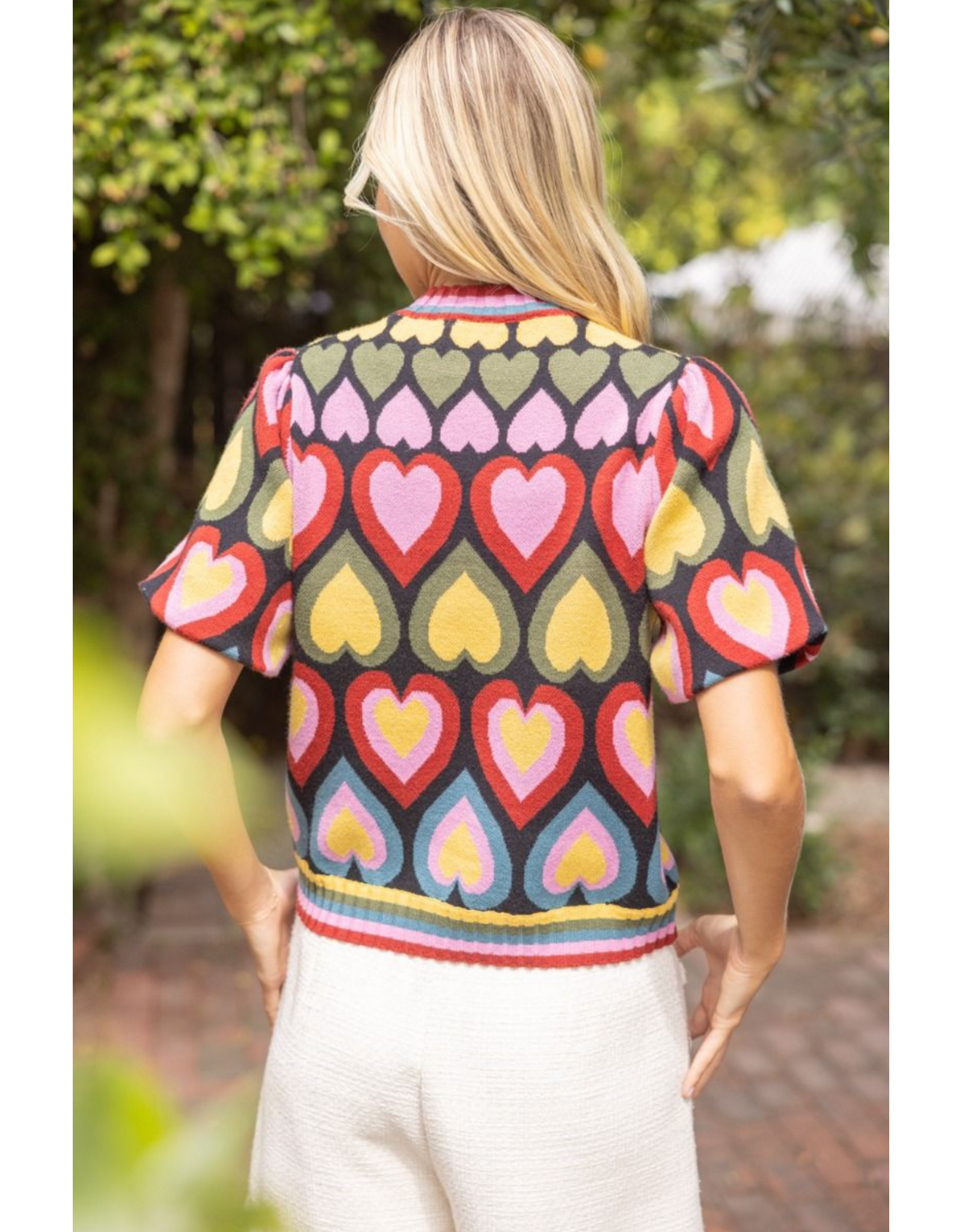 Voy Heart Print Bubble Sleeve Knit Top