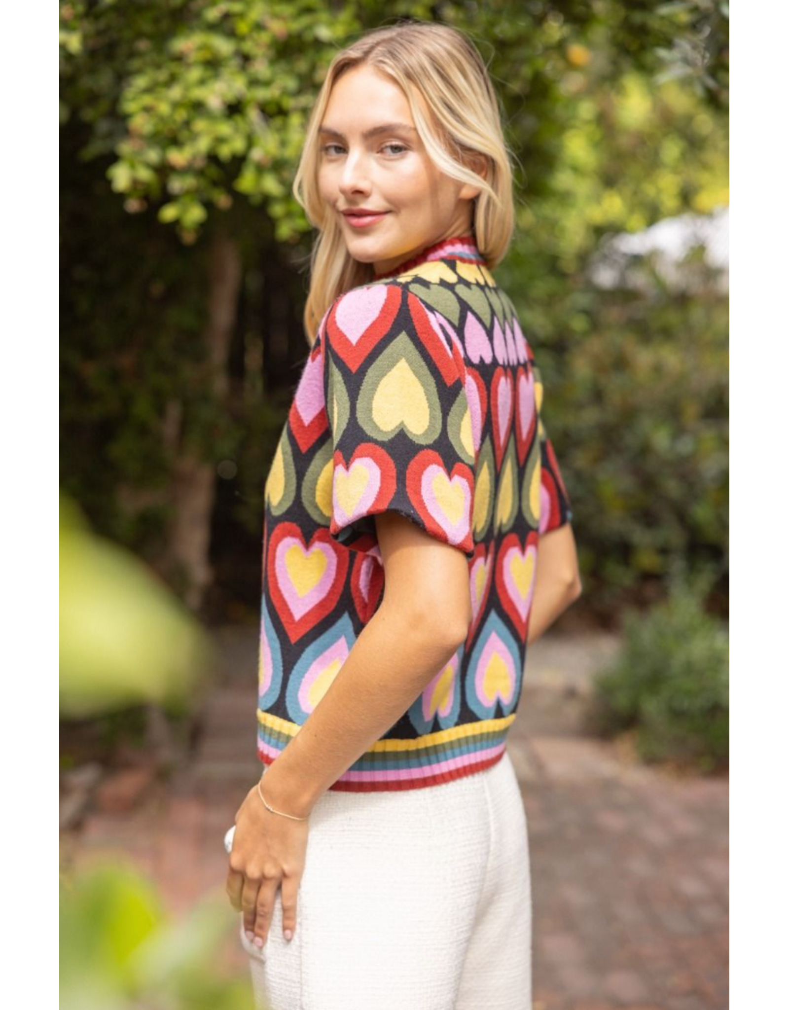 Voy Heart Print Bubble Sleeve Knit Top