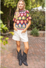 Voy Heart Print Bubble Sleeve Knit Top