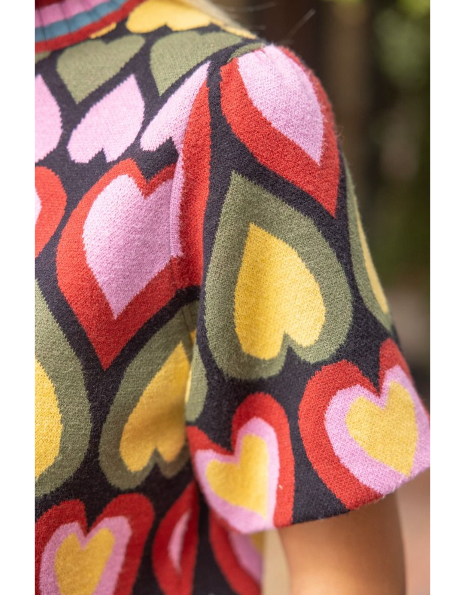 Voy Heart Print Bubble Sleeve Knit Top