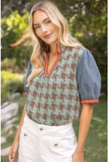 Voy Stripe Denim Sleeve Houndstooth Tweed Top (Sage)