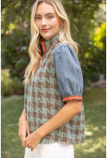 Voy Stripe Denim Sleeve Houndstooth Tweed Top (Sage)