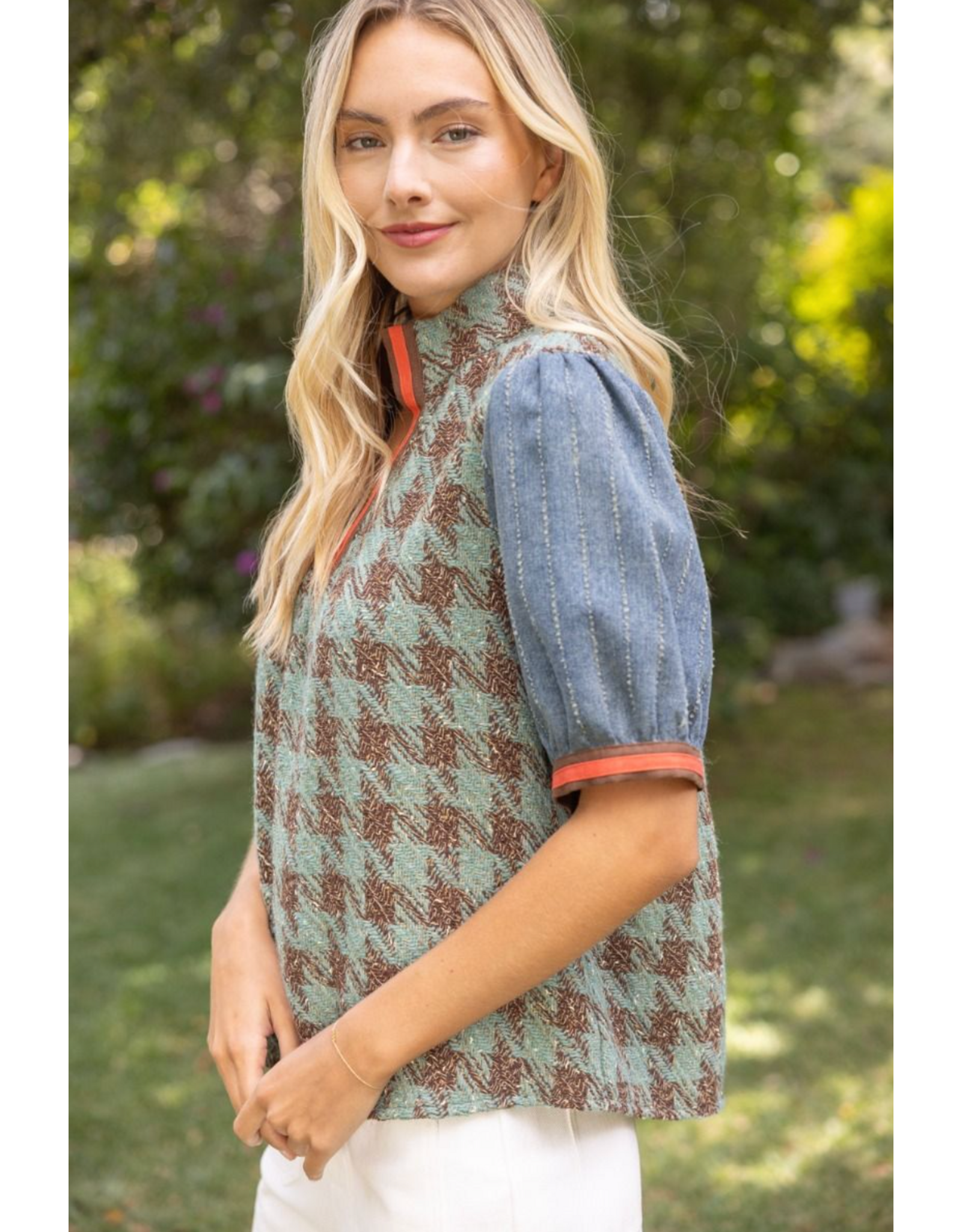Voy Stripe Denim Sleeve Houndstooth Tweed Top (Sage)