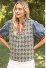 Voy Stripe Denim Sleeve Houndstooth Tweed Top (Sage)