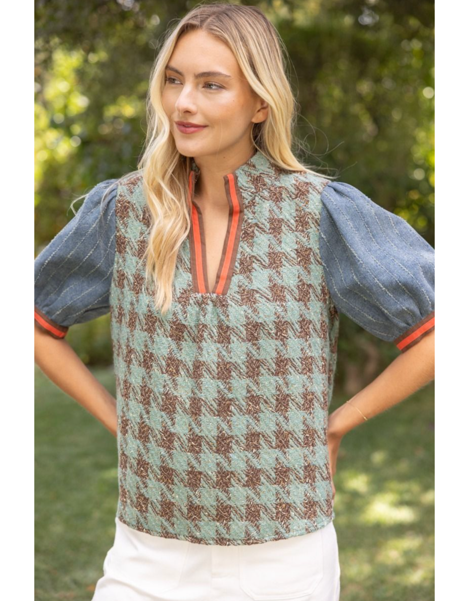 Voy Stripe Denim Sleeve Houndstooth Tweed Top (Sage)