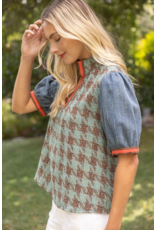 Voy Stripe Denim Sleeve Houndstooth Tweed Top (Sage)