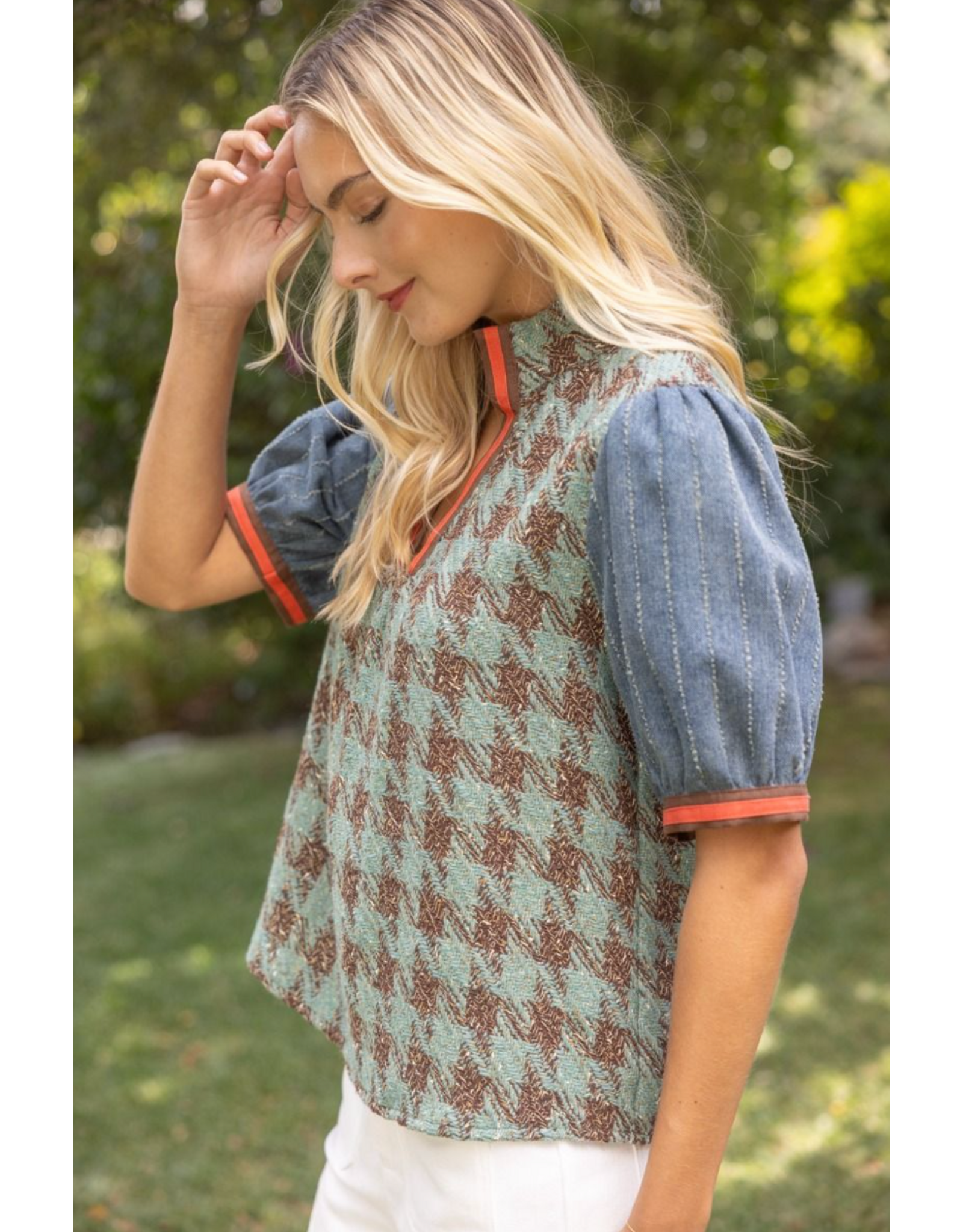 Voy Stripe Denim Sleeve Houndstooth Tweed Top (Sage)