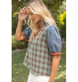Voy Stripe Denim Sleeve Houndstooth Tweed Top (Sage)