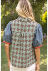 Voy Stripe Denim Sleeve Houndstooth Tweed Top (Sage)