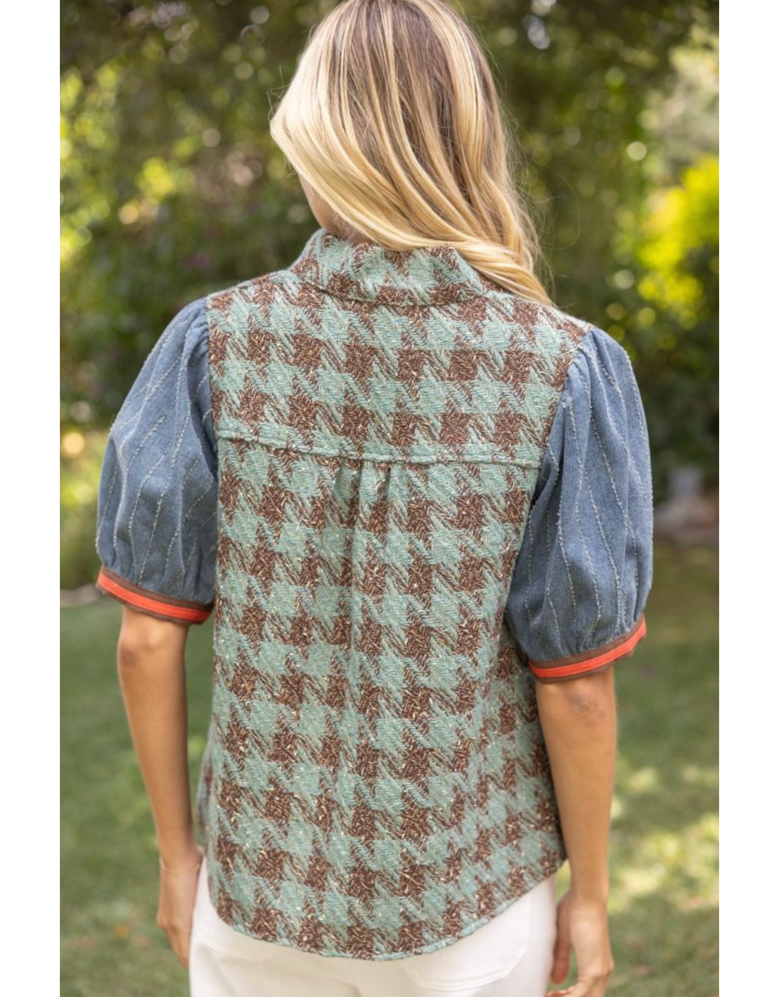 Voy Stripe Denim Sleeve Houndstooth Tweed Top (Sage)