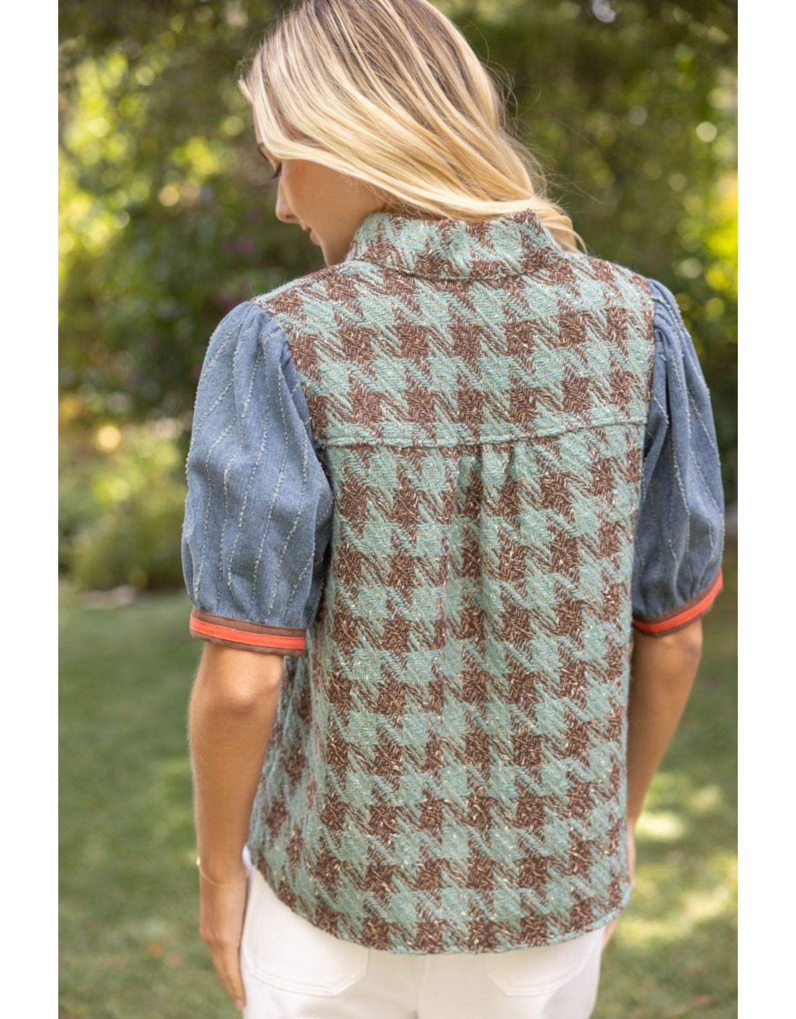 Voy Stripe Denim Sleeve Houndstooth Tweed Top (Sage)