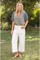 Voy Stripe Denim Sleeve Houndstooth Tweed Top (Sage)