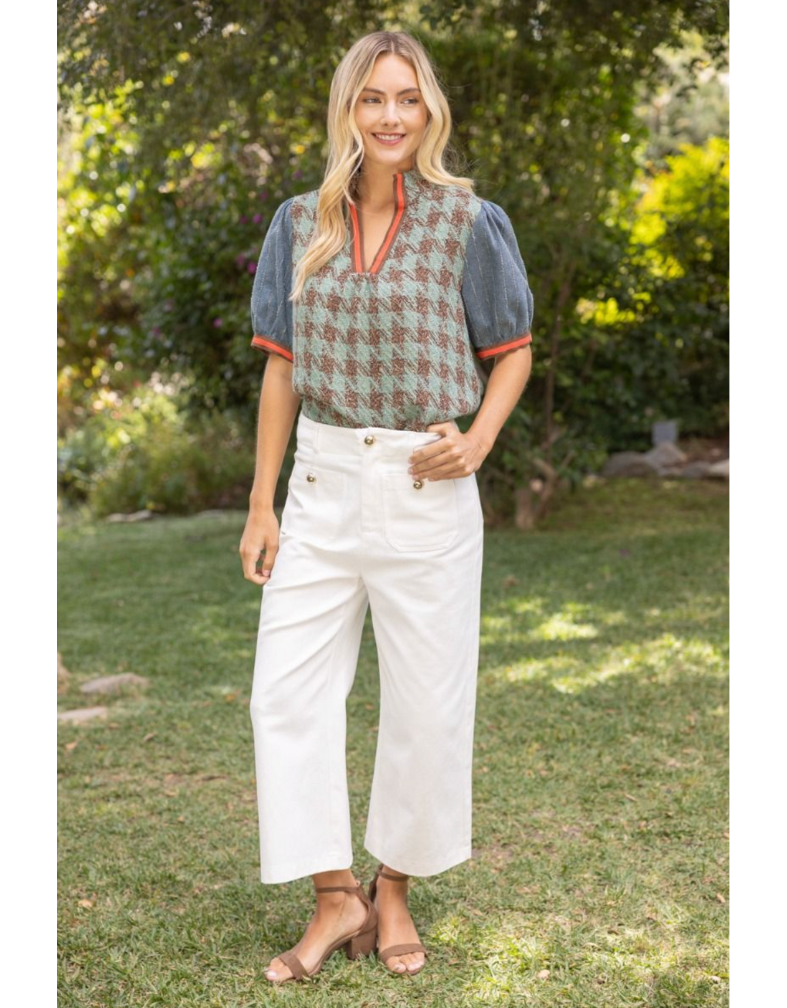Voy Stripe Denim Sleeve Houndstooth Tweed Top (Sage)
