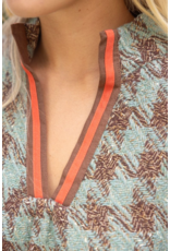 Voy Stripe Denim Sleeve Houndstooth Tweed Top (Sage)