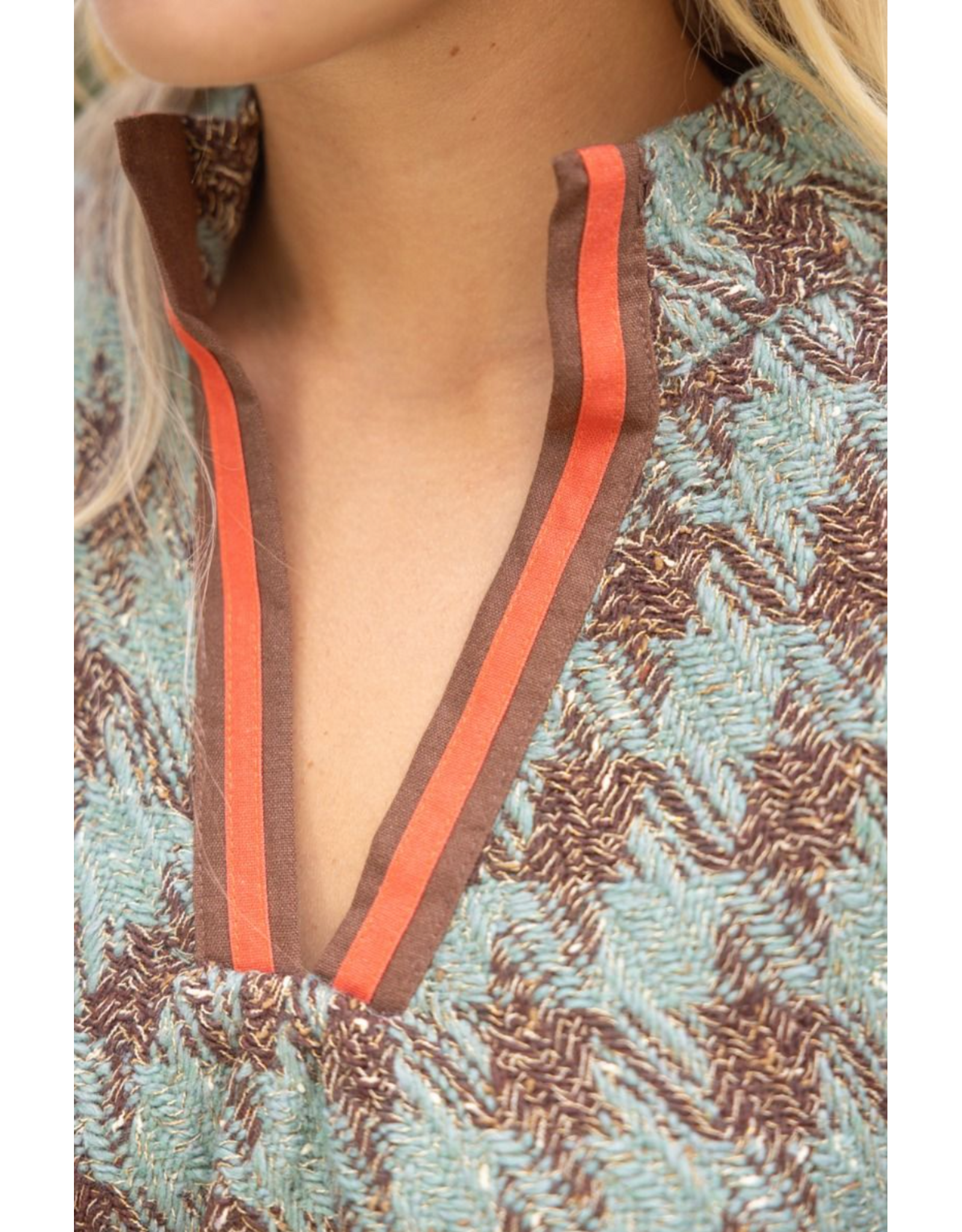 Voy Stripe Denim Sleeve Houndstooth Tweed Top (Sage)