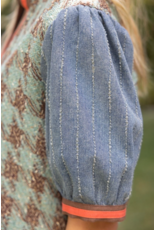 Voy Stripe Denim Sleeve Houndstooth Tweed Top (Sage)