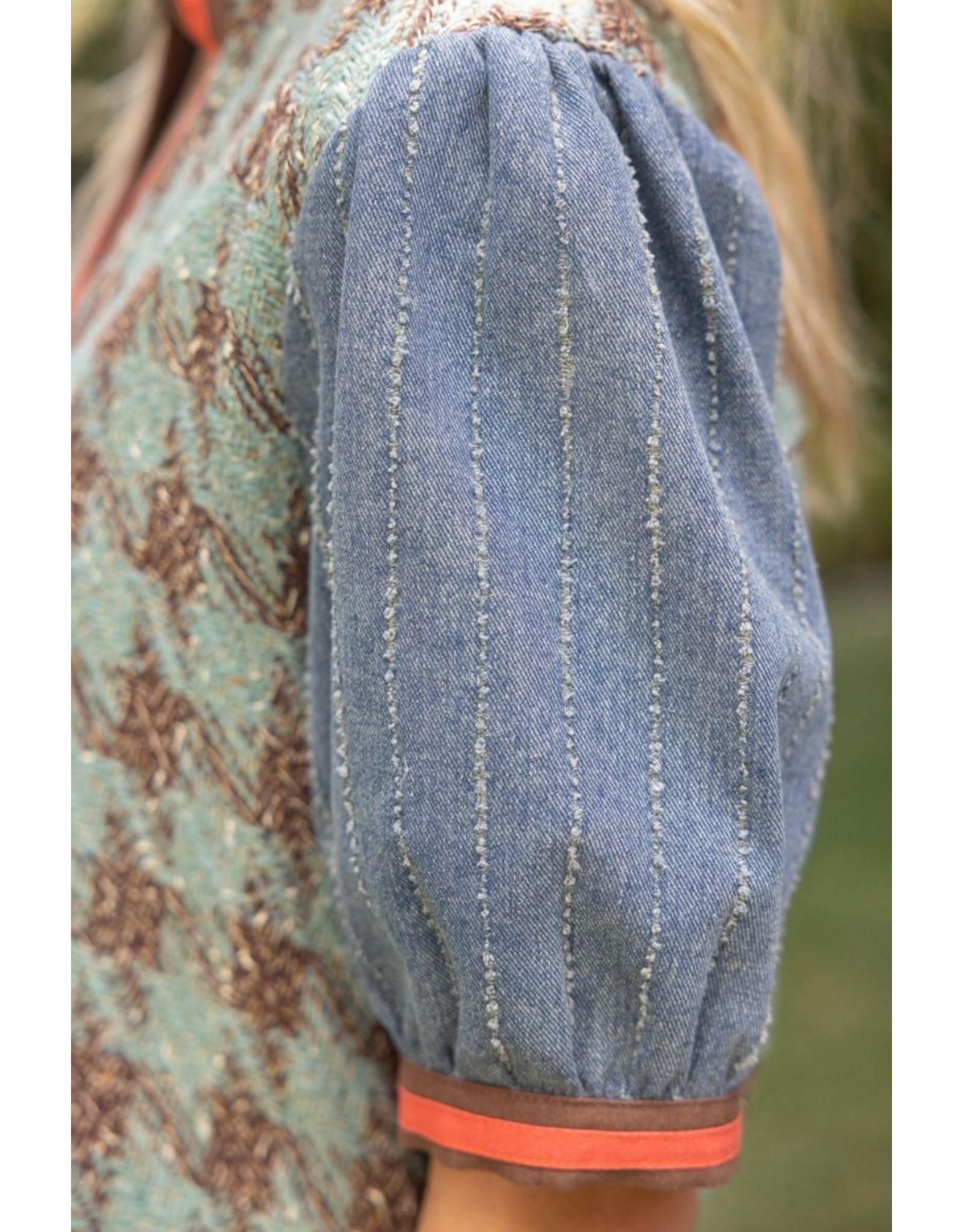 Voy Stripe Denim Sleeve Houndstooth Tweed Top (Sage)