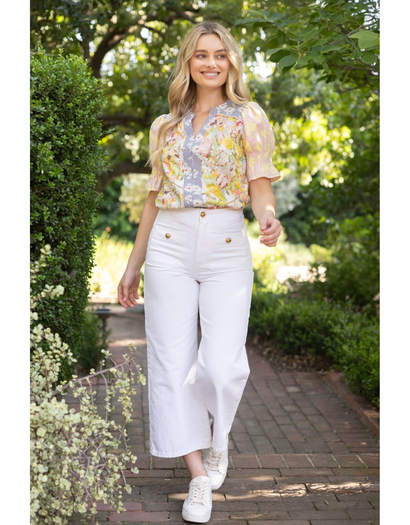 Voy Multi Contrast Colour Block Floral Print Top (Yellow)