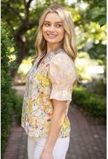 Voy Multi Contrast Colour Block Floral Print Top (Yellow)