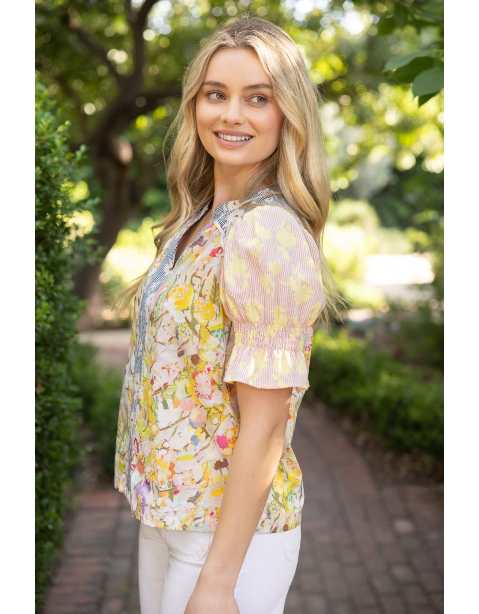 Voy Multi Contrast Colour Block Floral Print Top (Yellow)