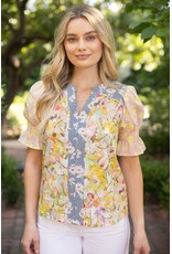 Voy Multi Contrast Colour Block Floral Print Top (Yellow)