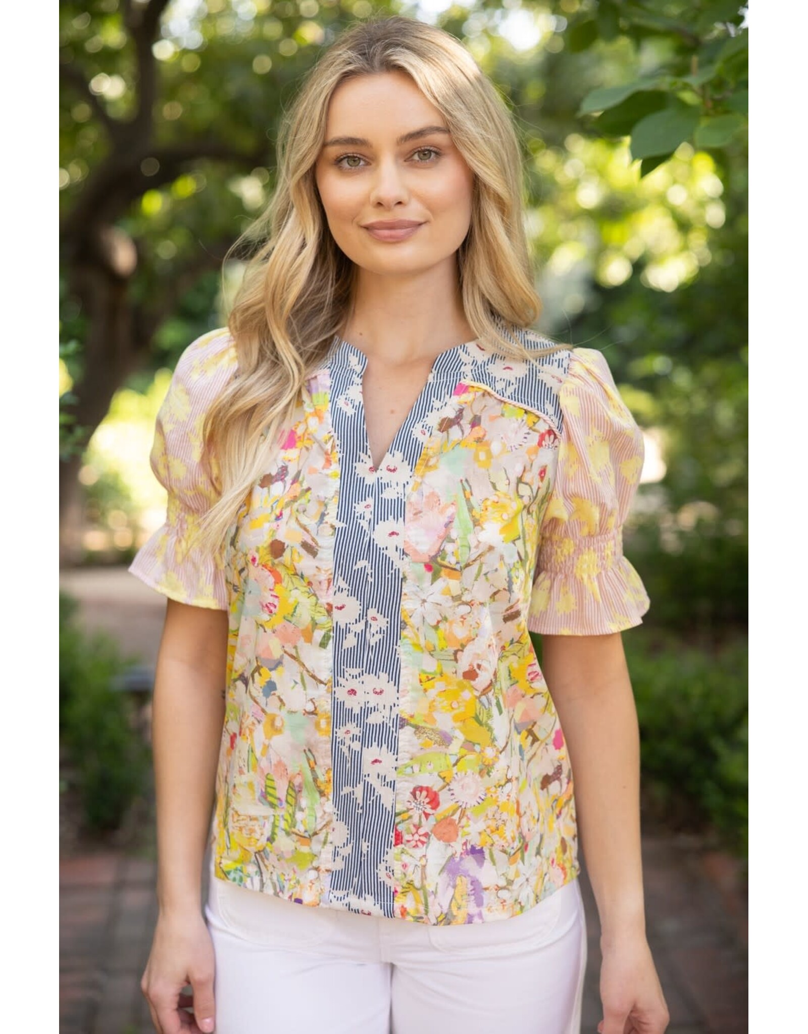 Voy Multi Contrast Colour Block Floral Print Top (Yellow)