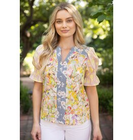 Voy Multi Contrast Colour Block Floral Print Top (Yellow)