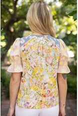 Voy Multi Contrast Colour Block Floral Print Top (Yellow)