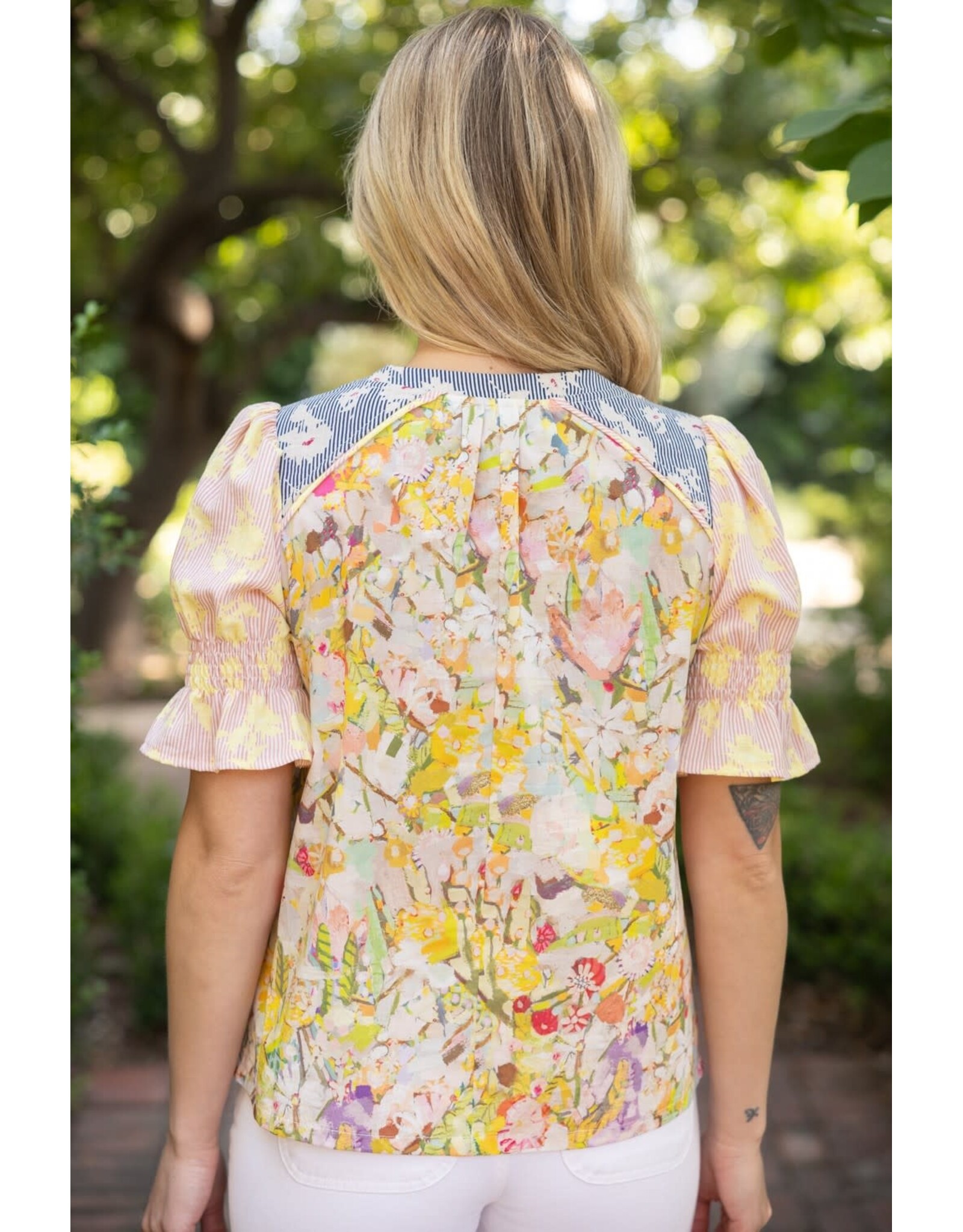 Voy Multi Contrast Colour Block Floral Print Top (Yellow)