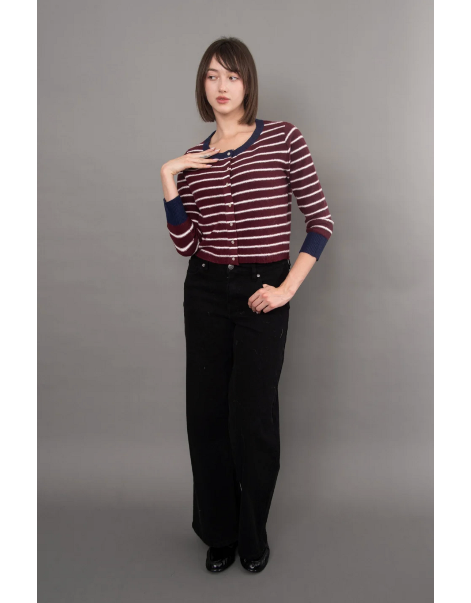 RD Style RD Style - Bruna Striped Crewneck Cardigan (Burgundy)