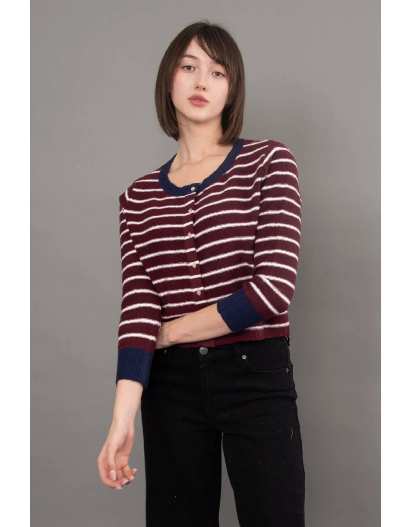 RD Style RD Style - Bruna Striped Crewneck Cardigan (Burgundy)