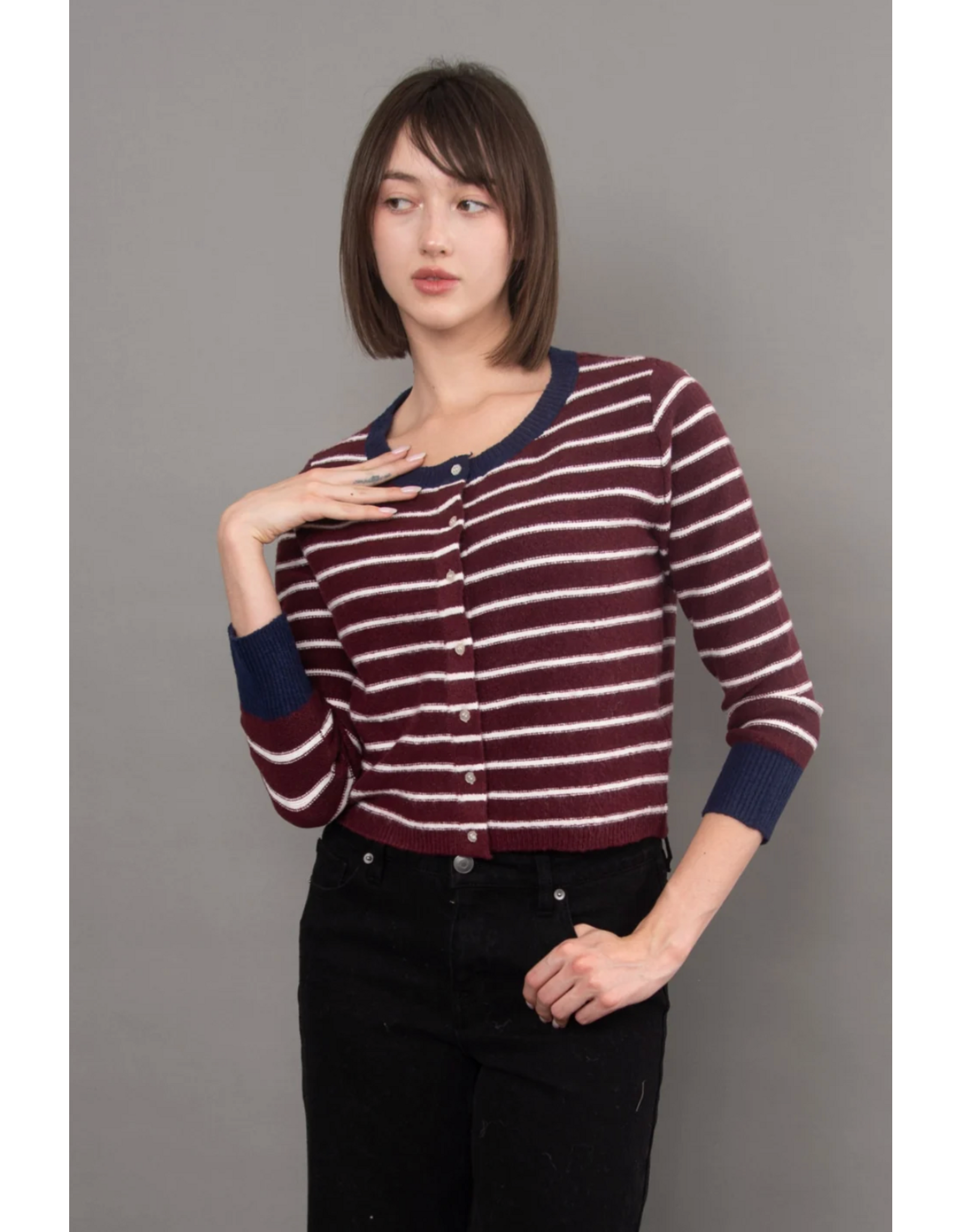RD Style RD Style - Bruna Striped Crewneck Cardigan (Burgundy)