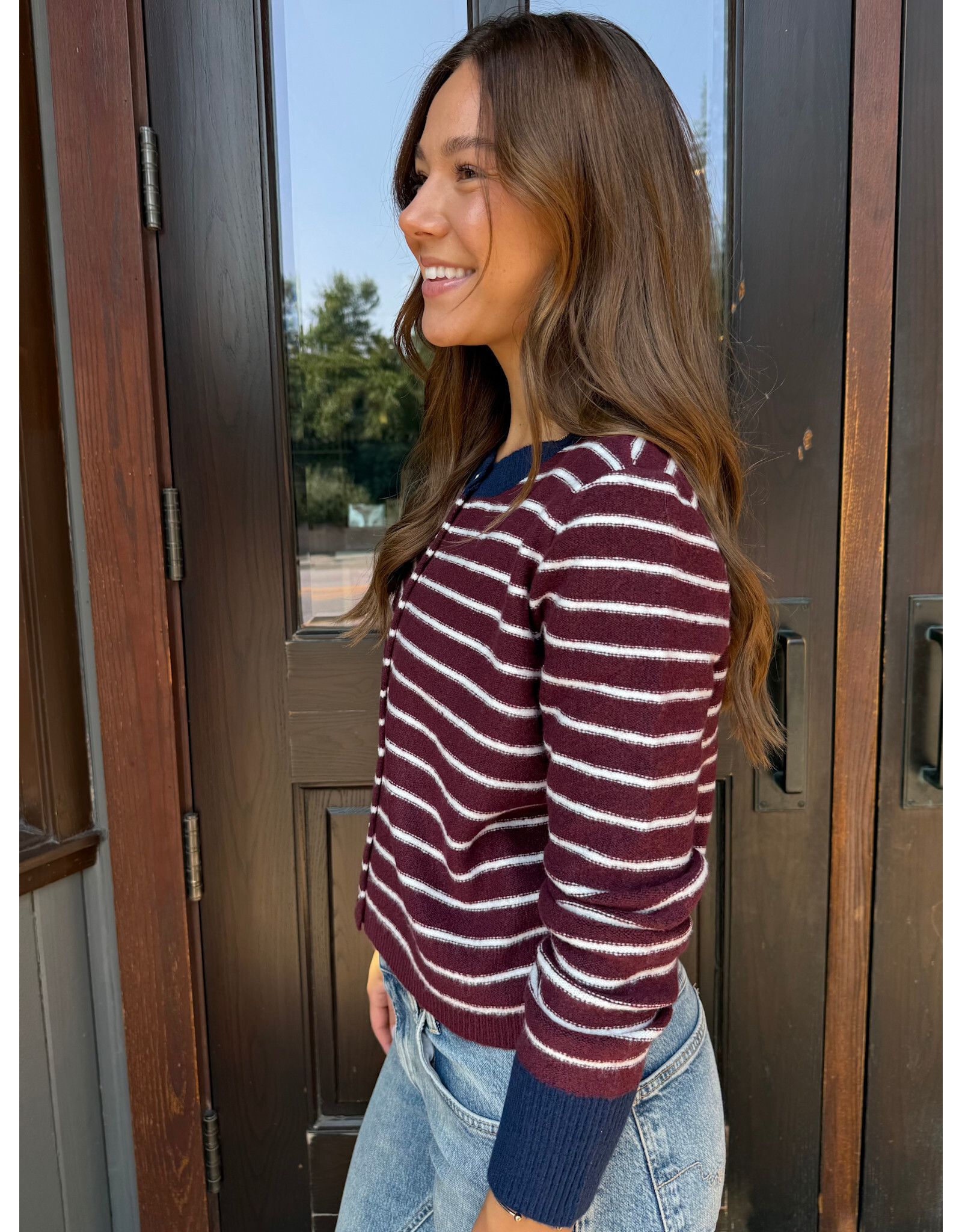 RD Style RD Style - Bruna Striped Crewneck Cardigan (Burgundy)