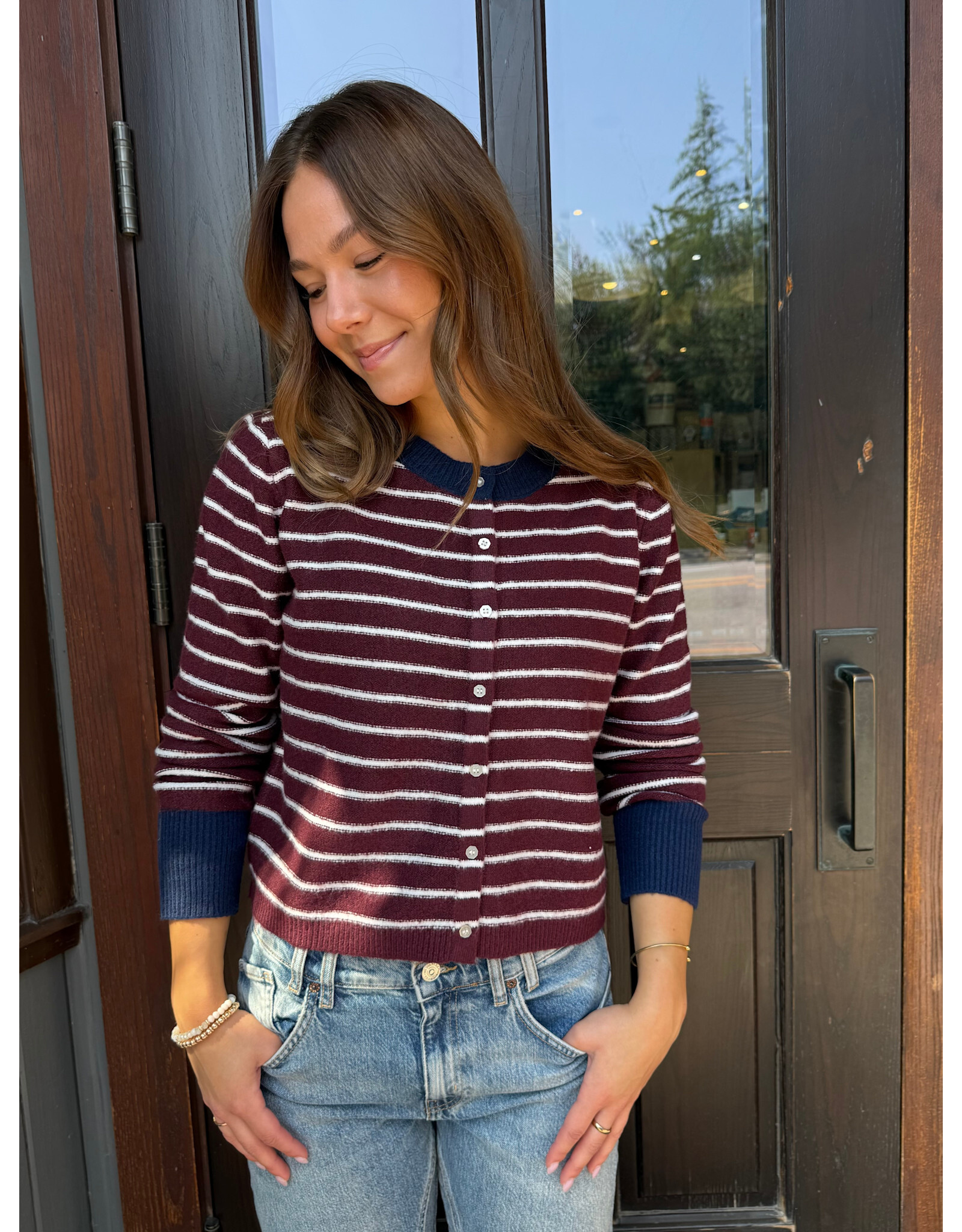 RD Style RD Style - Bruna Striped Crewneck Cardigan (Burgundy)