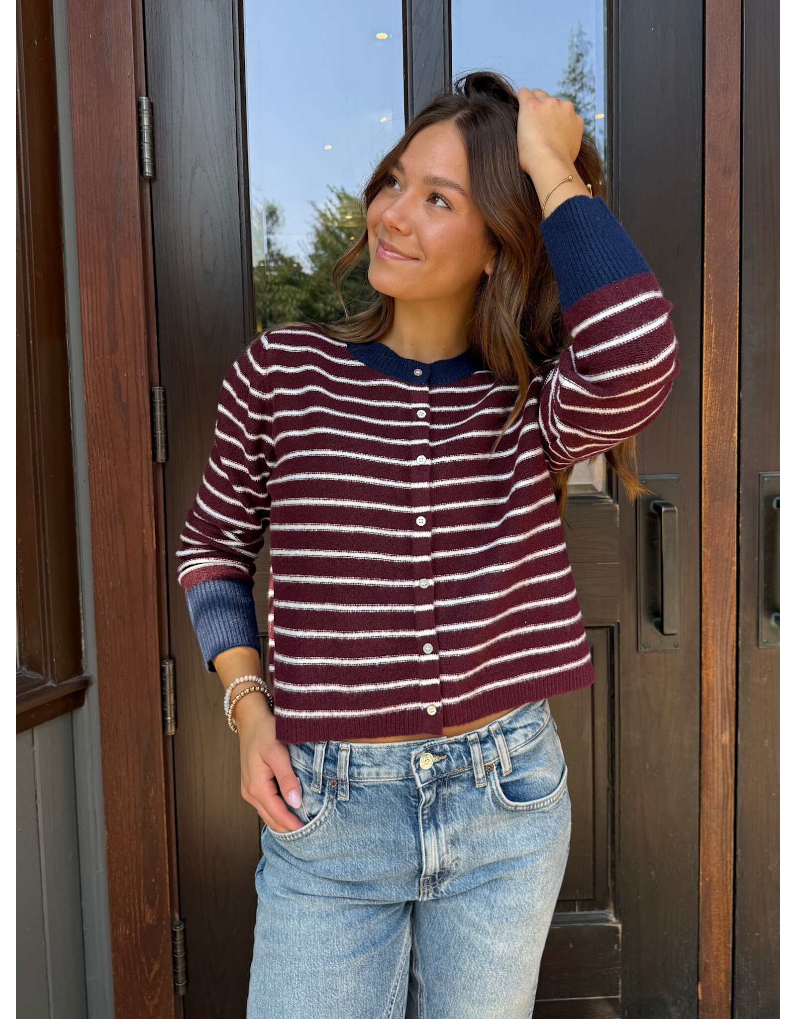 RD Style RD Style - Bruna Striped Crewneck Cardigan (Burgundy)