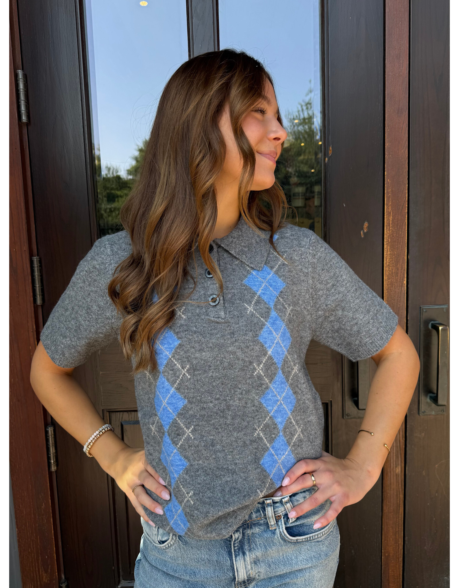 ICHI ICHI - Dasila Short Sleeve Polo Neck Sweater (Dark Grey)