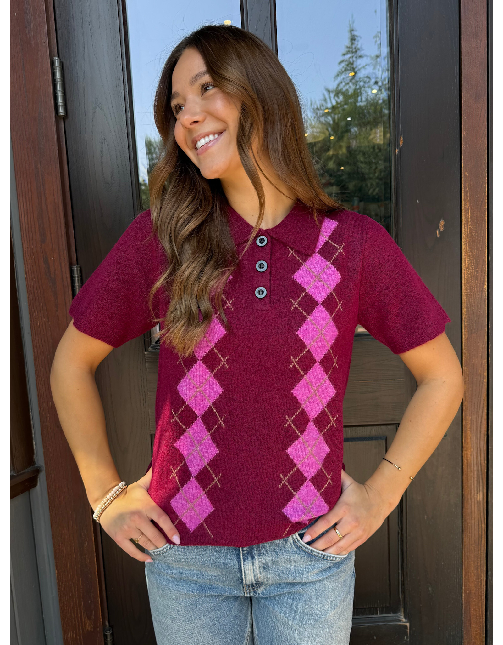 ICHI ICHI - Dasila Short Sleeve Polo Neck Sweater (Rhododendron)