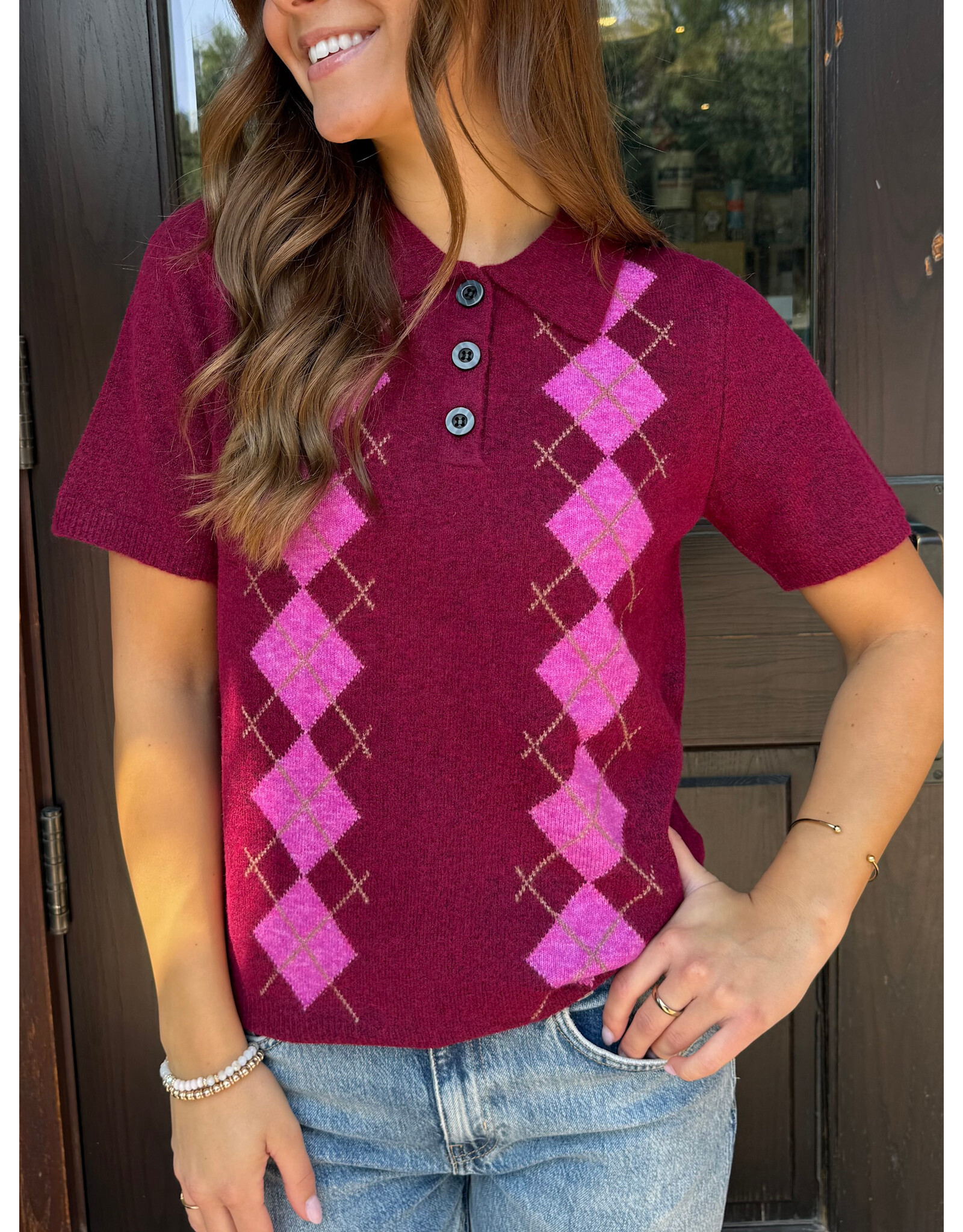 ICHI ICHI - Dasila Short Sleeve Polo Neck Sweater (Rhododendron)