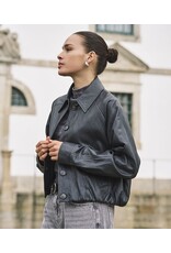 EsQualo EsQualo - Faux Leather Crinkle Jacket with Balloon Hem (Dark Grey)
