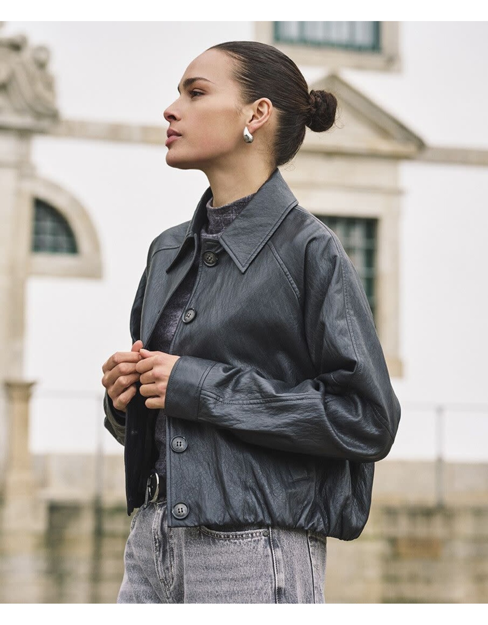EsQualo EsQualo - Faux Leather Crinkle Jacket with Balloon Hem (Dark Grey)
