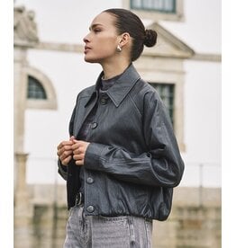 EsQualo EsQualo - Faux Leather Crinkle Jacket with Balloon Hem (Dark Grey)