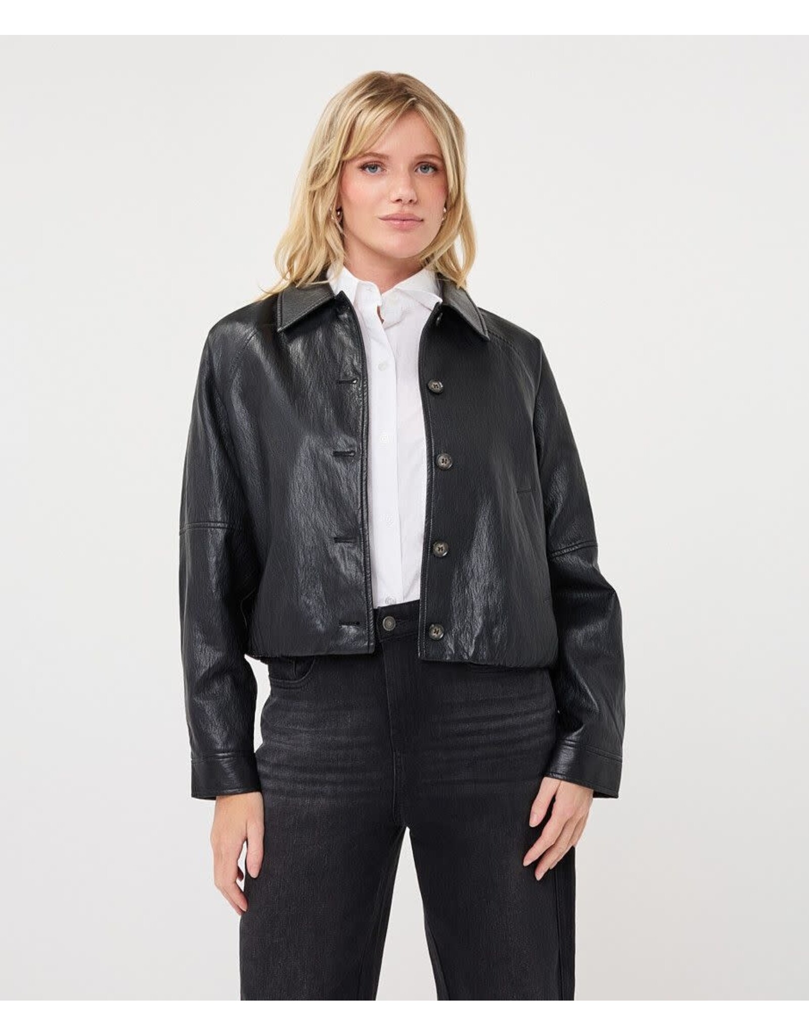 EsQualo EsQualo - Faux Leather Crinkle Jacket with Balloon Hem (Dark Grey)