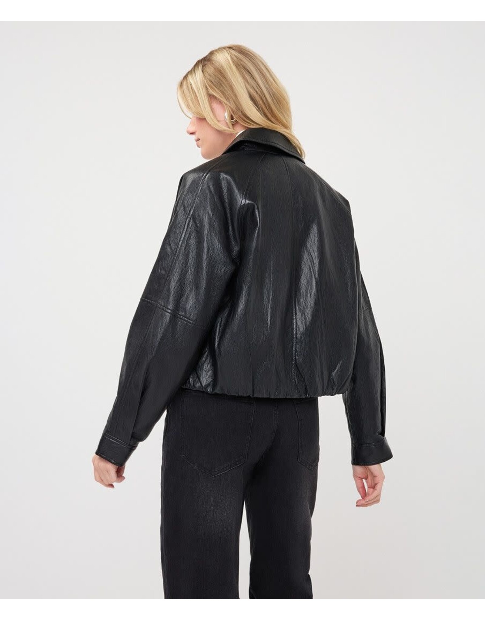 EsQualo EsQualo - Faux Leather Crinkle Jacket with Balloon Hem (Dark Grey)
