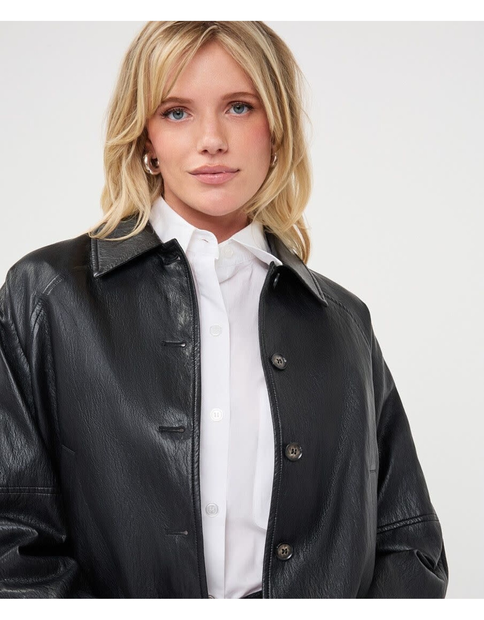 EsQualo EsQualo - Faux Leather Crinkle Jacket with Balloon Hem (Dark Grey)